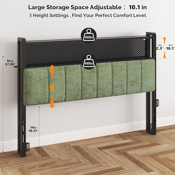 VINGLI Chenille Green Queen Size Headboard for Bed with Storage Bookcase, Upholstered Head Board with Charging Stations and LED Lights, 2 Tier Shelves and Pegboard,Height Adjustable