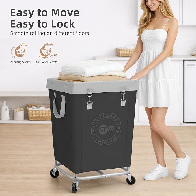 STORAGE MANIAC Commercial Laundry Hamper with Heavy Duty Steel Frame, 160 L Industrial Laundry Basket Cart with Wheels for Hotel, Home, Laundry Room, 17.72''L x 17.72''W x 30.91''H, Medium Black