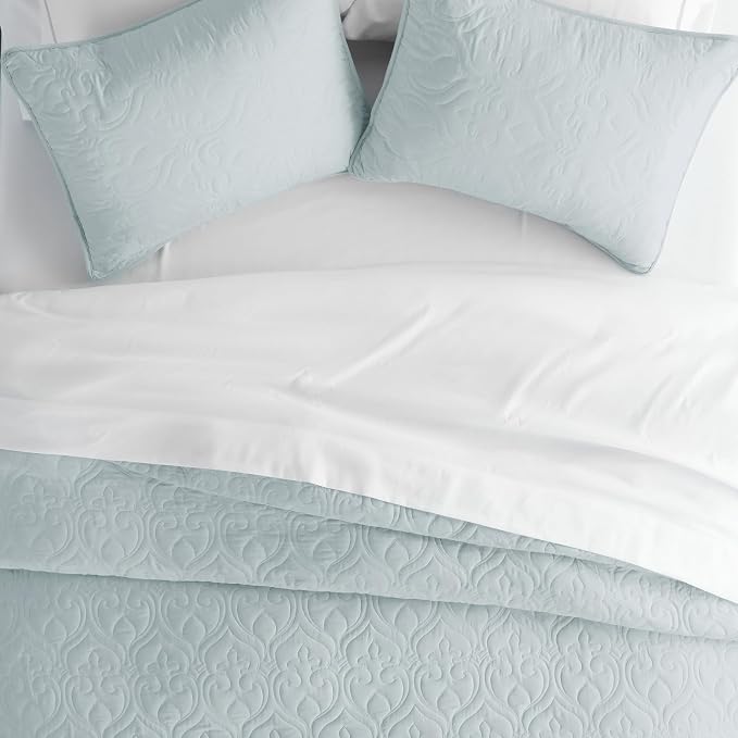 Merit Linens Classic Quilt Coverlet Soft Set in Damask Stitching - Full/Queen Pale Blue