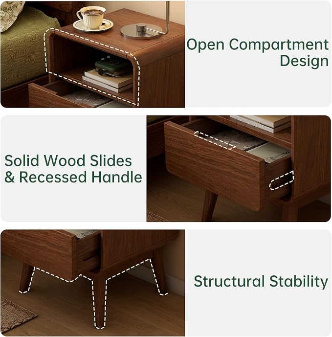 Solid Wood Nightstand Set of 2, Bedside Table Set of 2, Walnut Nightstands with Drawer, Wood Side Table with Open Storage, Modern Nightstand for Bedroom, End Table for Living Room
