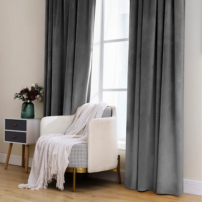 MIULEE Grey Velvet Curtains 52x90 inches 2 Panels Luxury Blackout Curtains | Thermal Insulated, Super Soft Window Drapes for Bedroom Living Room, Rod Pocket & Back Tab