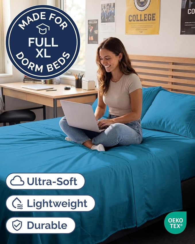 Full XL Sheets - 4 Piece Full XL Sheet Set - Cool & Breathable - Denim Blue | Hotel Luxury Bedding for Women & Men with Deep Pockets, Ultra-Soft, Comfy, Easy-Fit, Wrinkle Free & Fade Resistant, Oeko-Tex