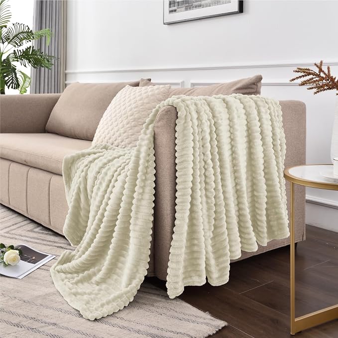 BEDELITE Ribbed Jacquard Beige Fleece Throw Blanket for Couch, 50x60 Inch | Soft Warm Decorative Fluffy Blanket, Cozy Plush Lightweight Fuzzy Throw Blanket for Bed Sofa Home Room Decor, Gift for Women
