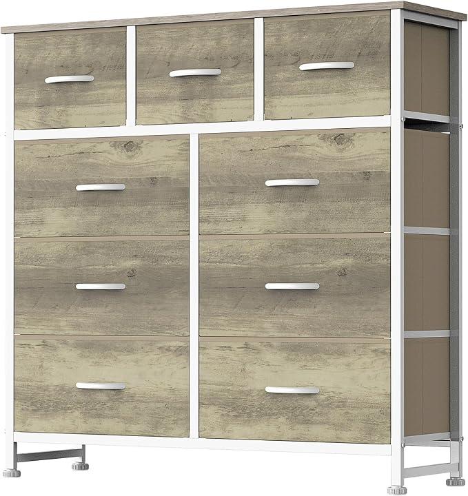 DUMOS 9 Drawer Dresser for Bedroom, Storage Organizer Chest of Drawers | Fabric Bins Storage Tower with Sturdy Metal Frame, Wood Tabletop for Closet, Oak