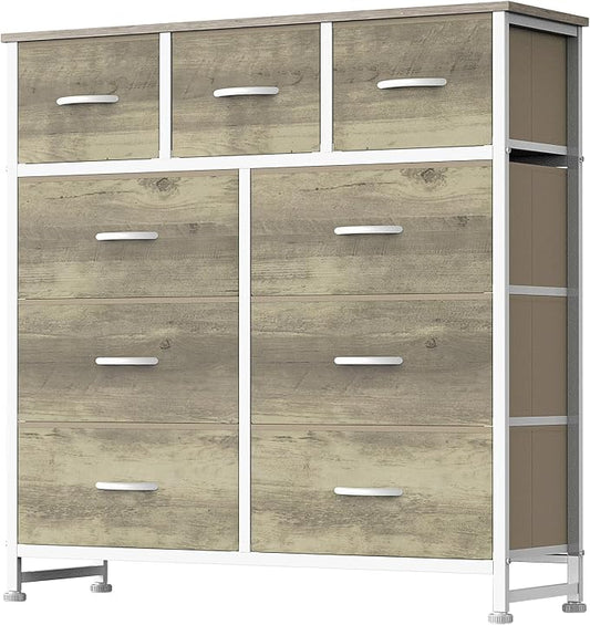 DUMOS 9 Drawer Dresser for Bedroom, Storage Organizer Chest of Drawers | Fabric Bins Storage Tower with Sturdy Metal Frame, Wood Tabletop for Closet, Oak