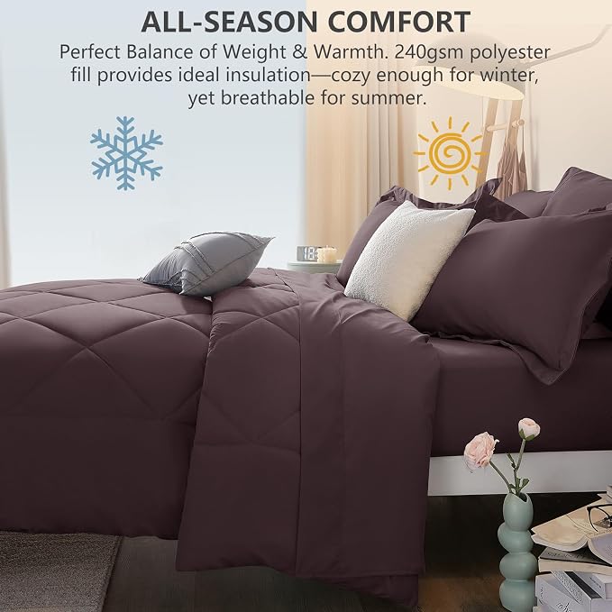King Size Comforter Set Cocoa Powder - 7 Pieces Bed in a Bag | OEKO-TEX Certified, All Season, 240GSM Down-Alternative Comforter, Sheets, Pillowcases & Shams, 14" Deep Pocket, Easy Care