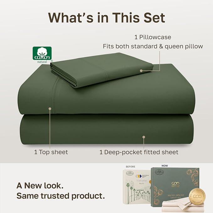 California Design Den Luxury 600 Thread Count Twin Bed Sheets, 3 Pc Set | 100% Cotton Sateen Backed by Good Housekeeping Seal, Soft & Smooth, All-Around Elastic, Durable, Easy Care - Dark Olive Green