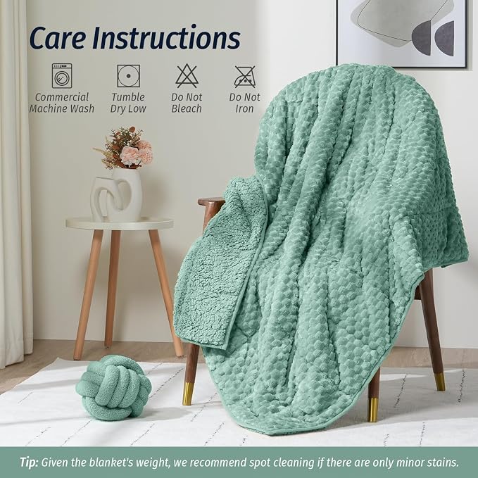 Fleece Weighted Blanket for Adults 60" x 80" 15lbs Fuzzy Blankets Green | Soft Queen Size Sherpa Weighted Blankets, 3D Imitation Turtle Shell Warm Jacquard Flannel Heavy Blanket for Couch and Bed