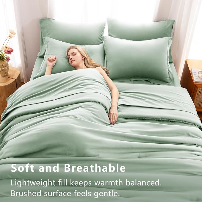 King Size Comforter Set Sage Green, 7 Pieces Bed in a Bag | OEKO-TEX Certified, All-Season, Bedroom, 240GSM Down Alternative Comforter, Flat & Fitted Sheets, 2 Pillowcases & 2 Shams