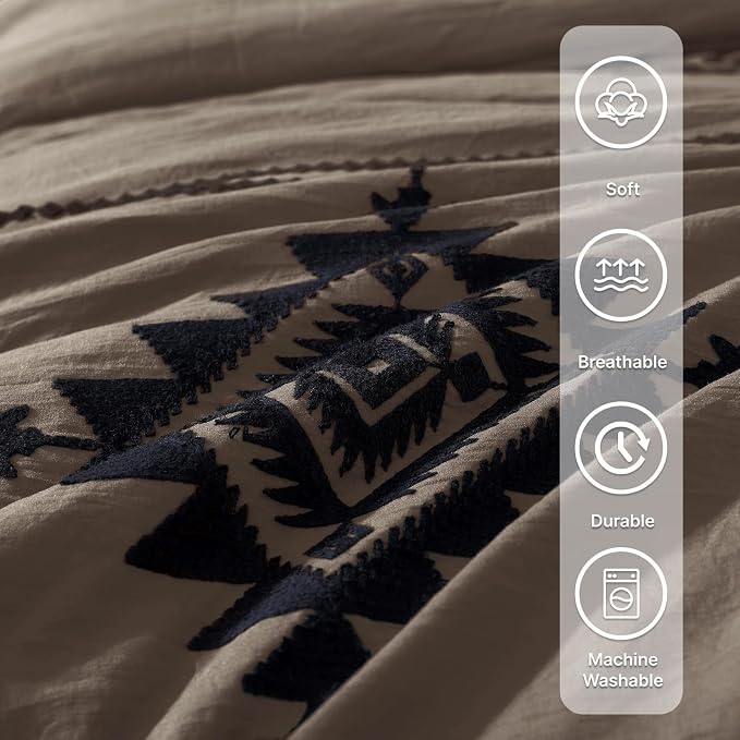 MaiRêve Embroidery King Size Comforter Set 7 Pieces Taupe Grey Bed in a Bag | Western Boho Farmhouse Bedding Sets with Comforter, Sheets, Pillowcases & Shams