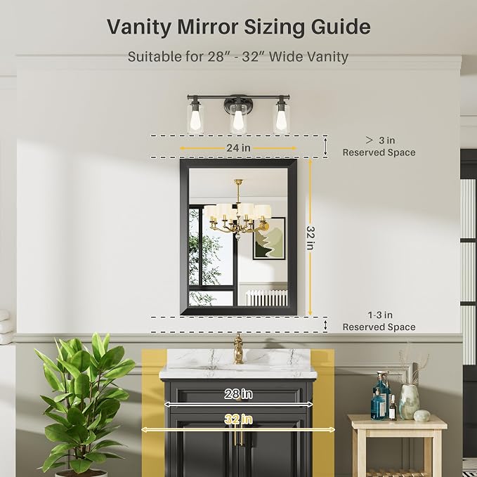 Black Metal Framed Bathroom Wall Mirror, 24x32 Inch | Anti-rust, HD tempered glass, for bathroom vanity, bedroom, living room, horizontal or vertical mount
