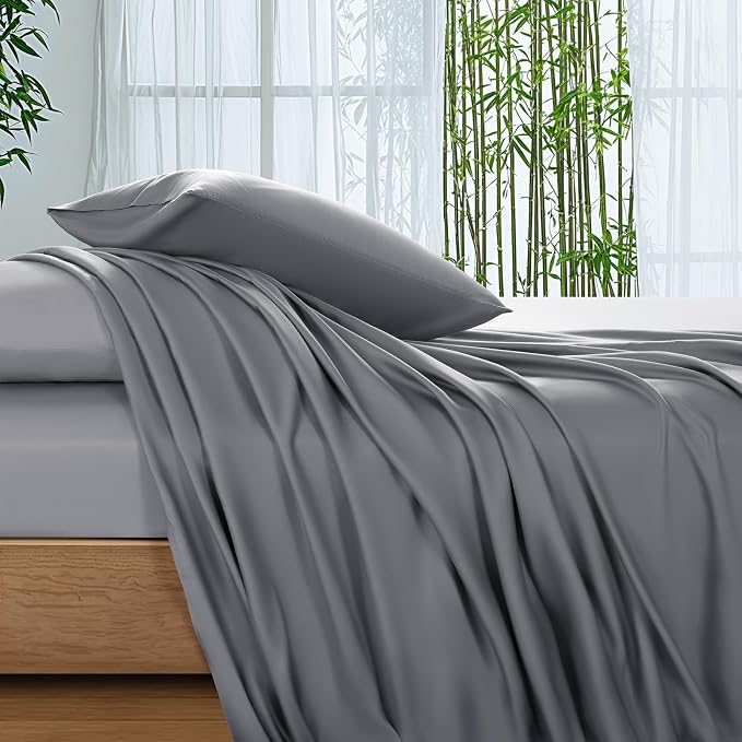 SONORO KATE 100% Viscose Derived from Bamboo_Sheets King Size,4PC | Cooling Bed Sheets for Hot Sleepers,Soft Breathable & Silky,16" Deep Pocket,Luxury Hotel Bedding,Grey