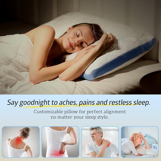 BETU Cooling Pillow Queen Size, Shredded Memory Foam Cool Pillow for Hot Sleepers, Adjustable Firm Soft Support Bed Pillows Perfect for Back Neck Pain and Side Sleeping with Pillow Case Cover, Blue