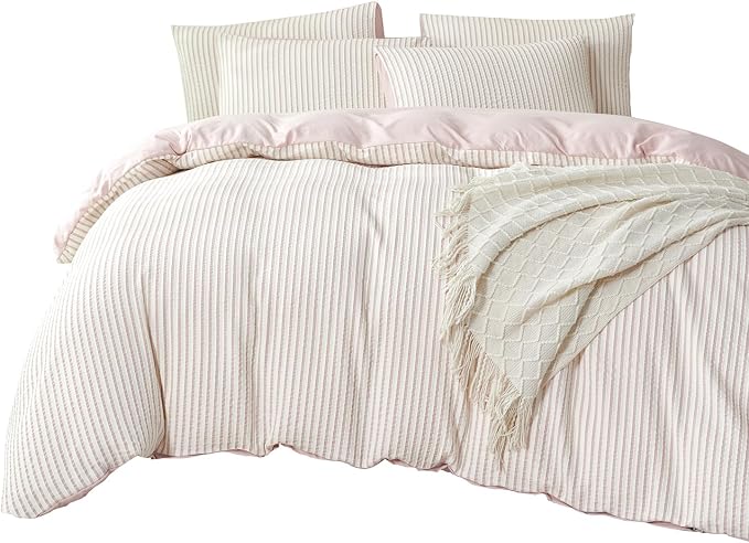 Comforter Set King Size Dusty Pink Soft Luxury Washed Microfiber Jacquard 3 Pieces Bedding Set, White Dusty Pink Vertical Ticking Stripes Comforter with 2 Pillowcases Breathable Durable Comfy