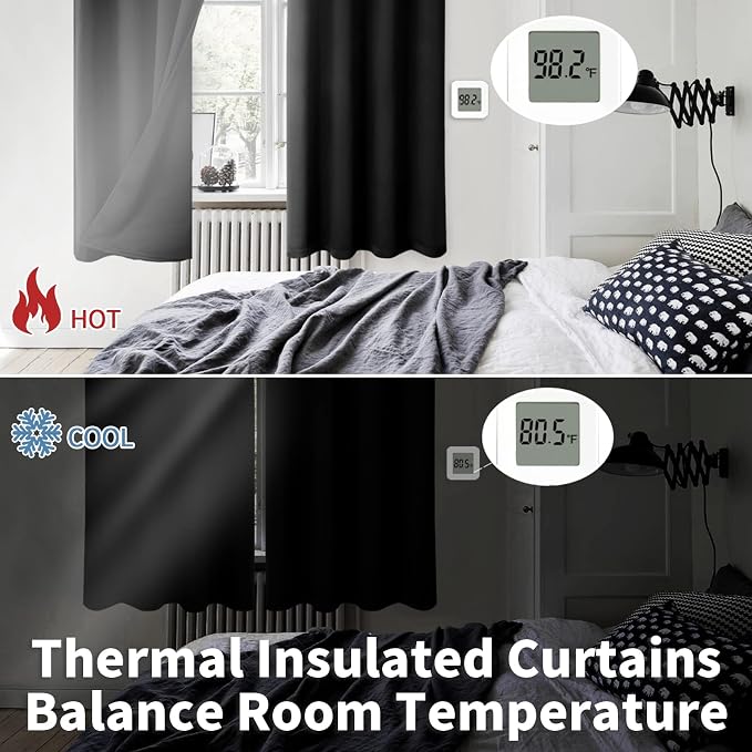 BGment Thermal Insulated 100% Blackout Curtains for Bedroom with Black Liner, Double Layer Full Room Darkening Noise Reducing Grommet Curtain (46 x 90 Inch, Black, 2 Panels)