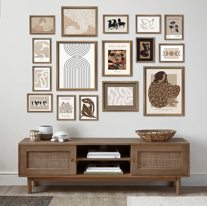 ANERZA 16 PCS Boho Eclectic Wall Art Decor, Abstract Gallery Wall Collage Kit Prints for Bedroom Bathroom, Minimalist Posters for Living Room Aesthetic, Beige and Brown Dorm Home Decor
