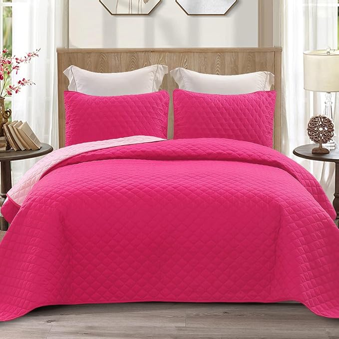 Exclusivo Mezcla Reversible California King Quilt Set, Hot Pink | Lightweight Bedspreads with 2 Pillow Shams, Soft Microfiber, All Season Bed Coverlets for Bedroom Guest Room, 112x104 Inch