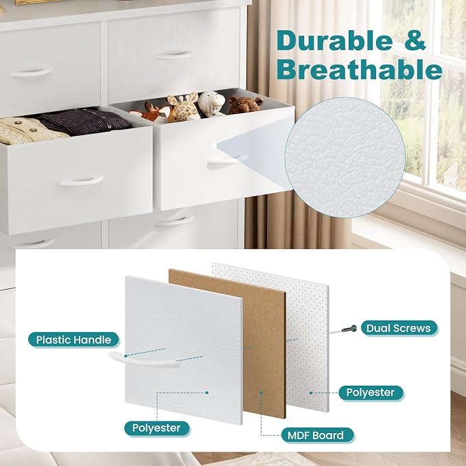 OLIXIS 8 Drawer Storage Dresser for Bedroom, White Closet Organizers Units | Fabric Dresser with Wooden Top, Chest of Drawers Clothes Storage, Tower Cabinet for Living Room, TV Stand Furniture