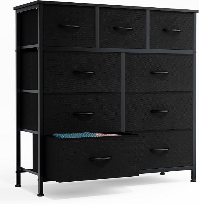 DUMOS Dresser for Bedroom, Storage Organizer with 9 Drawers | Chest of Drawers with Fabric Bins, Sturdy Metal Frame, Wood Tabletop for Guest Room, Closet, Entryway, Solid Black
