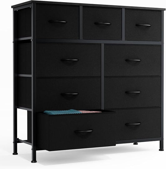 DUMOS Dresser for Bedroom, Storage Organizer with 9 Drawers | Chest of Drawers with Fabric Bins, Sturdy Metal Frame, Wood Tabletop for Guest Room, Closet, Entryway, Solid Black