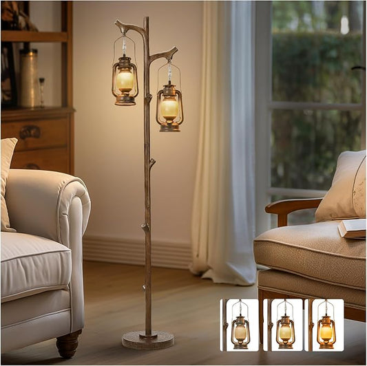 Scenekoy 68" Rustic Tree Trunk Floor Lamp with Lantern, Stepless Dimmable | Farmhouse Country Brown Finish, Vintage Standing Lamp, Industrial floor Lamp, Decor for Bedroom Living Room Office Hotel