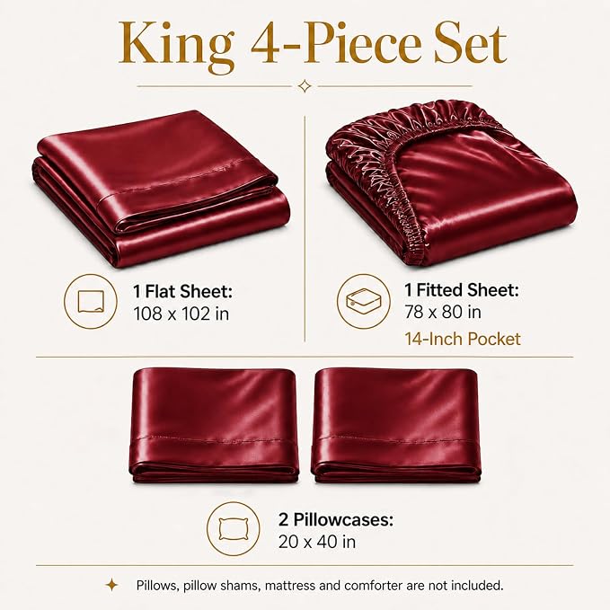 CozyLux Satin Sheets King, 4-Piece 14-Inch Deep Pocket Sheet Set | OEKO-TEX Certified Silky Soft Sheet Set for Hair & Skin, Luxurious Silky-Smooth Satin for Elegant Bedroom Decor, Burgundy