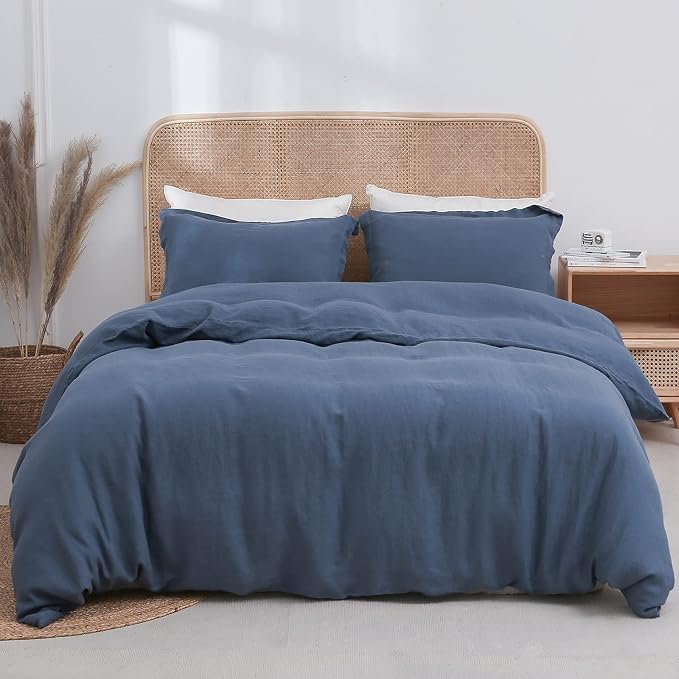 Simple&Opulence 100% Linen Duvet Cover Set 3pcs Basic Style Natural French Washed Flax Solid Color Soft Breathable Farmhouse Bedding with Button Closure - Classic Blue, King