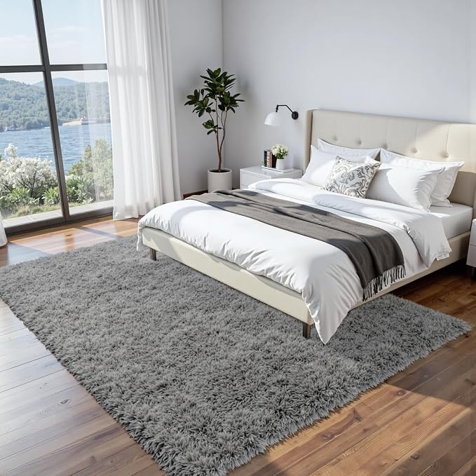 8x10 Fluffy Shag Area Rugs for Living Room Bedroom: Soft Carpet Light Gray | Upgraded Non-Slip Thick Memory Foam, Ultra Soft, Non-Shedding Fuzzy Carpet, Easy Clean Decor for Kids Room, Nursery, Playroom