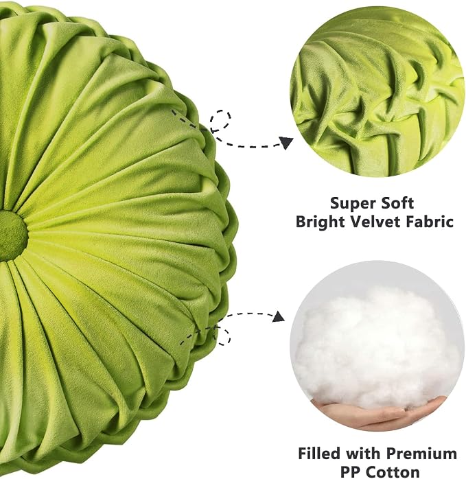 HIG Set of 2 Apple Green Velvet Decorative Round Pleated Throw Pillows | Vintage Floor Pillows, Classy Accent Pumpkin with Center Button, for Sofa Couch Vanity Chair Bed, 14.5" Diameter
