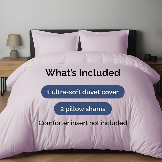 Duvet Cover King Size - 3 Piece with Zipper Closure - Light Lavender | Extra Soft, Breathable, King Duvet Cover 104" x 90" with 2 Pillow Shams, Zipper Closures & Ties, Women, Men, Kids & Teens