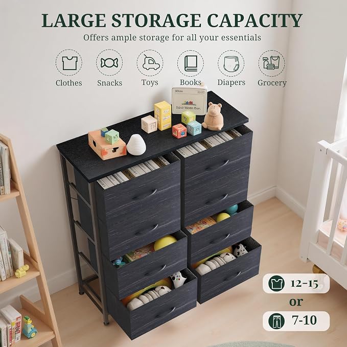 8-Drawer Dresser for Bedroom, Anti-Tip Tall Storage Organizer | Chest of Drawers with Wooden Top and Metal Frame Fabric Bins for Closet, Living Room, Hallway, Entryway, Charcoal Black