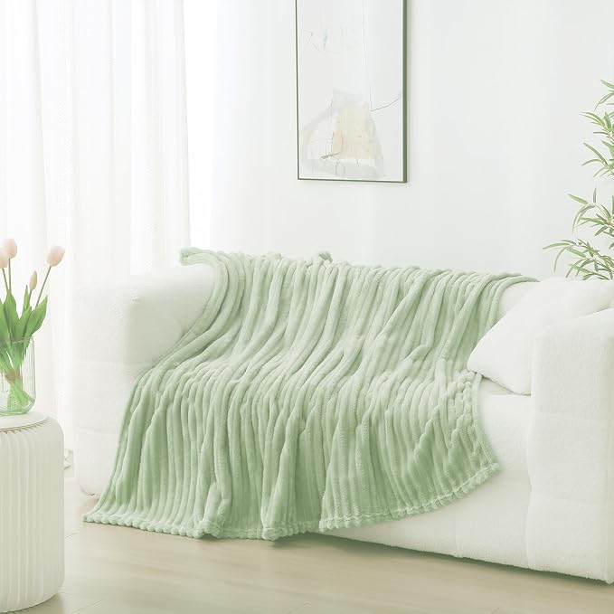 Cream Green Fleece Throw Blanket 50”×60” for Couch Sofa Livingroom | Super Soft Cozy Plush Microfiber Flannel Bed Blanket Striped Design Lightweight Home Decor Gifts for Adults Mom Women