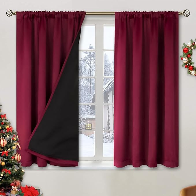 BGment Thermal Insulated 100% Blackout Curtains for Bedroom with Black Liner, Christmas Double Layer Full Room Darkening Noise Reducing Rod Pocket Curtain (52 x 45 Inch, Burgundy Red, 2 Panels) | Thermal Insulated, Full Room Darkening Noise Reducing, T...