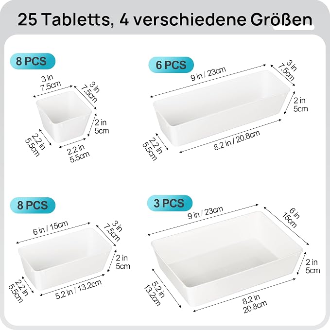 Vtopmart 25 Pack Plastic Drawer Organizers with Non-slip Rubber Pads | 4-Size Versatile Makeup Organizer, Storage Containers Small Bins for Makeup, Jewelries, Bedroom, Kitchen Utensils and Office
