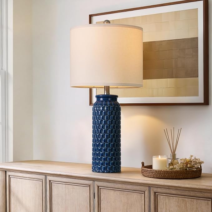 USumkky 27" Ceramic Table Lamps Set of 2 - Modern Farmhouse & Boho Style, Bedside Nightstand Lamps for Bedroom, Living Room End Table Lamps, Small Desk Lamp(Blue)