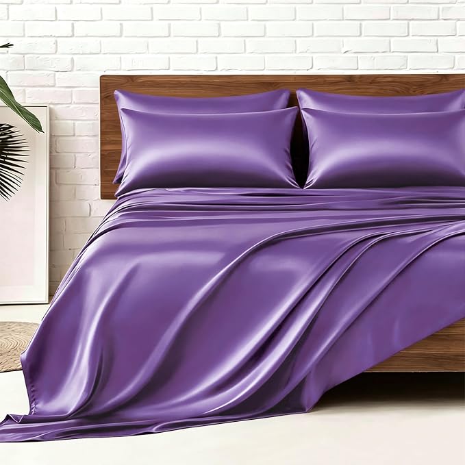 MR&HM Satin Sheets Queen Size with Elastic Corner Straps, Lavender | Similar to Silk, 6-Piece Silky Soft Bed Sheet Set, Gentle on Skin and Hair, 15" Deep Pocket, Cooling & Breathable