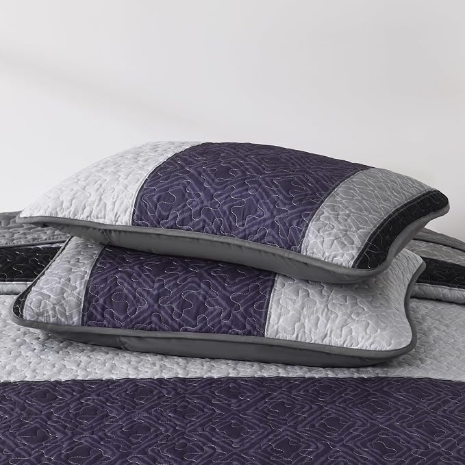 Cottolester Boho King Size Quilt Set,Black Purple Striped Bedsperads Set | Modern Boho Style,Striped Plaid Design,Ultra Soft Lightweight Microfiber Quilted Bedding Sets for All Seasons 110"x90"
