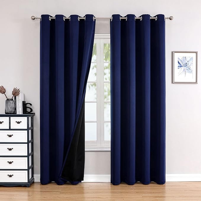 ChrisDowa 100% Blackout Curtains for Bedroom 90 Inches Long 2 Panels Set | 2 Thick Layers, Thermal Insulated, Light Blocking, Grommet, Window Treatment, Living Room Drapes, Navy Blue, 52 x 90 Inch