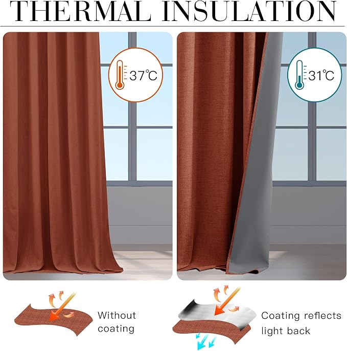 RYB HOME 100% Blackout Linen Textured Curtains 96 Inch for Dining Room | Privacy, Thermal Insulated, Back Tab&Rod Pocket, For Bedroom Living Room Nursery Room Dorm, Terracotta, W52 x L96, 2 Panels