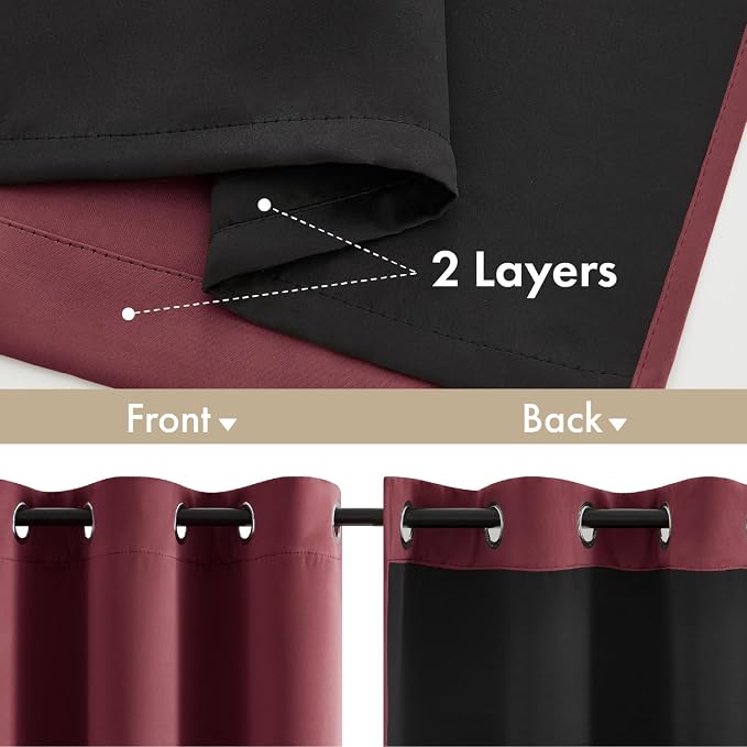 MIULEE Burgundy Red 100% Blackout Curtains for Bedroom 40x54 Inch 2 Panels | 2 Thick Layers Thermal Insulated Short Curtains with Black Liner, Noise Reducing Grommet, Drapes for Living Room