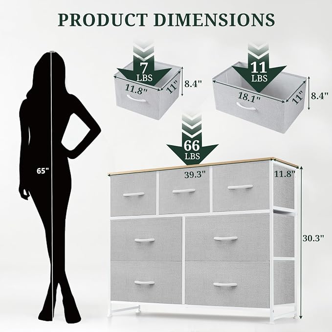 7-Drawer Dresser for Bedroom, Anti-Tip Wide Storage Organizer Fabric | Chest of Drawers TV Stand for 45" TV with Wooden Top and Metal Frame for Closet, Living Room, Hallway, Entryway, Light Gray