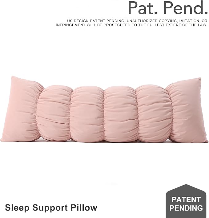 Pat. Pend. Segmented Body Pillow for Side Sleepers, 39 Inch, Pink | Small long bed pillow for adults with a removable, washable soft velvet cover; segmented design for side sleeping.