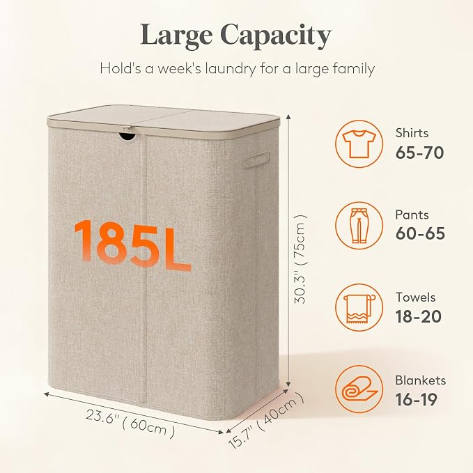 Lifewit 185L 3 Section Laundry Hamper with Lid, Laundry Basket, Beige | Large Foldable Laundry Sorter with 3 Removable Bags, Tall Clothes Hamper for Bedroom and Bathroom
