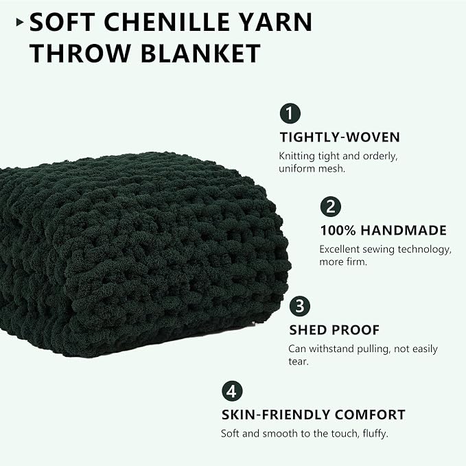 L'AGRATY Chunky Knit Throw Blanket for Couch, 40 x 50 Inches, Olive Green | Handmade Chenille Crochet Blanket for Sofa Bed, Thick Cable Knitted Blankets for Room Home Decor, Birthday Gift for Women Mom