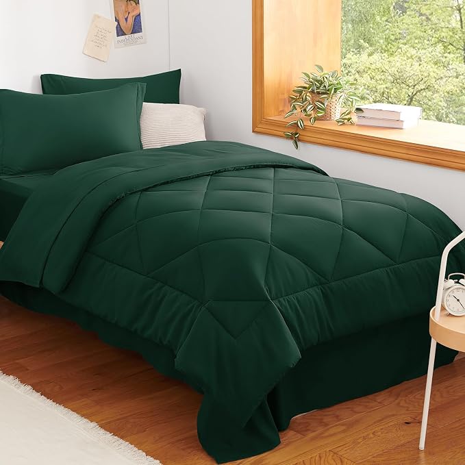 Twin XL Comforter Set Emerald Green - 5 Pieces Complete Bedding Set | College Dorm Essentials, OEKO-TEX Certified, All Season, 240GSM Down-Alternative Comforter, Sheets, Pillowcase & Sham