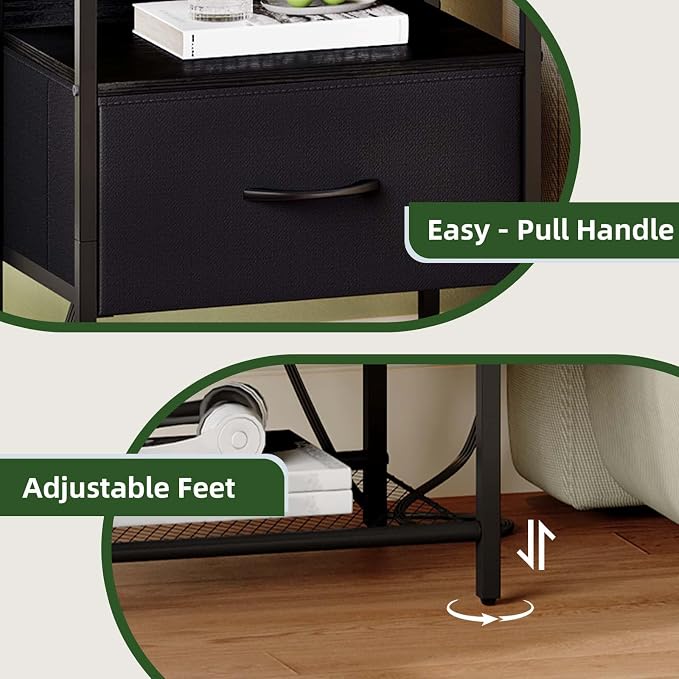 Somdot Nightstand with Charging Station & LED Light, Bedroom Bedside Table | Dorm, Guest Room, Kids Room, Laundry, Closet, Entryway and Hallway, Black
