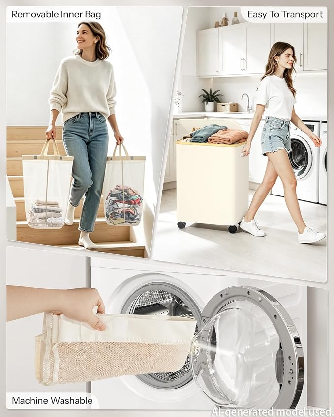 Double Laundry Basket with Wheels and Lid, 150L Clothes Hampers for Laundry | Large Laundry Hamper with 2 Sections & Removable Liner Bags, Rolling Dirty Clothes Basket for Bedroom Bathroom Dorm College