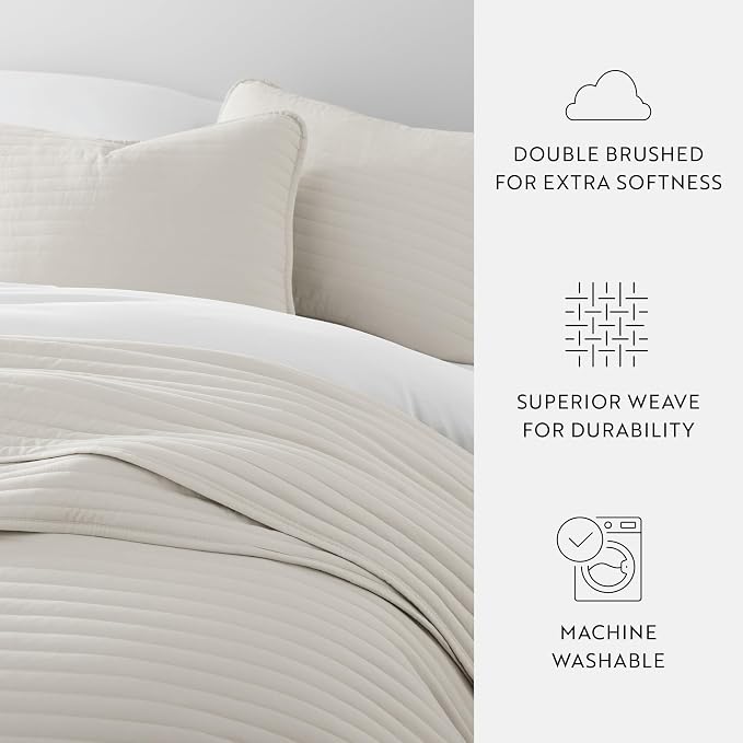 Merit Linens Modern Quilt Coverlet Soft Set in Stripe Stitching - King/Cal-King Natural