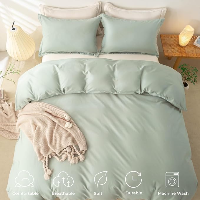 OAITE Duvet Cover Set 100% Washed Cotton Solid 3pcs | Soft,Durable,Long-staple Cotton,Hidden Zipper with 8 Interior Corner Ties,2 Pillowcases