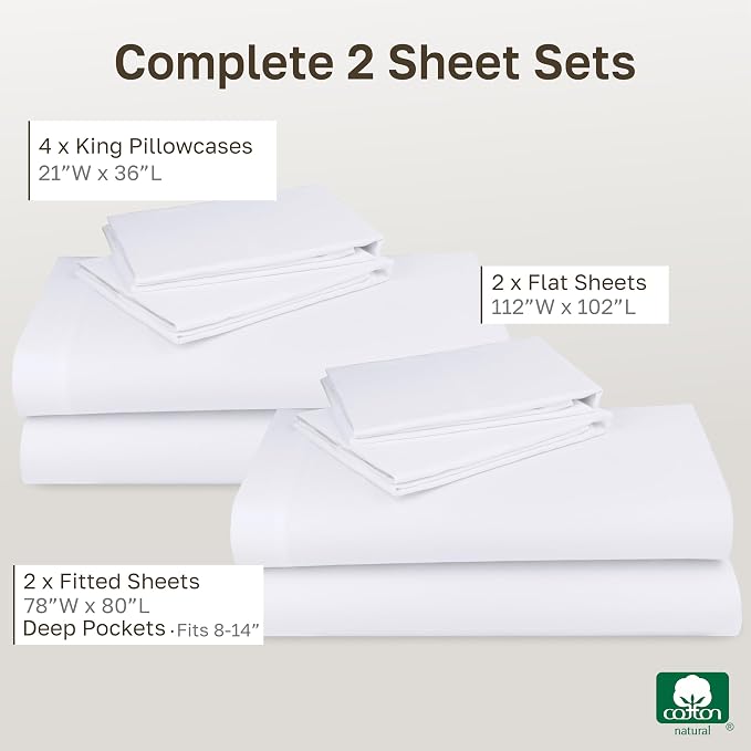 2-Pack Soft Natural 100% Cotton Sateen King Sheets Sets, Bright White | Backed by Good Housekeeping Seal, Light & Breathable For Hot Sleepers, 14" Deep Pocket, All-Around Elastic, Durable